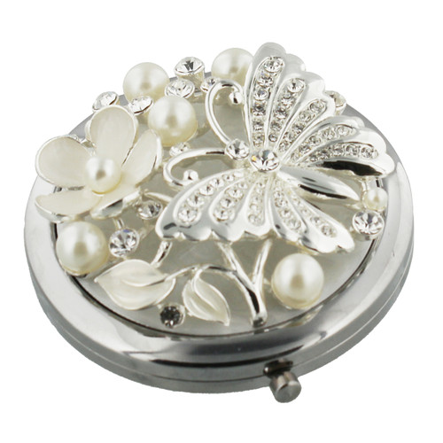 Sophia Silver Plated Compact Mirror Butterflies And Flowers Beads