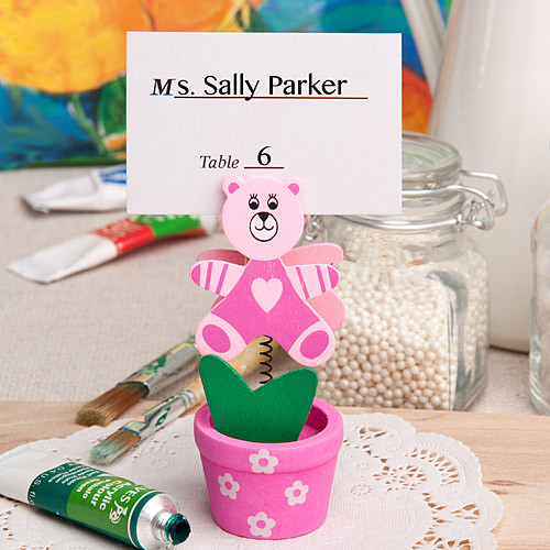 Pink Teddy Bear Flower Pot Place Card Photo Holder