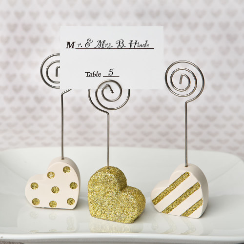 Heart Shaped Place Card Holders, Three Assorted Styles in Gold And Pearl White
