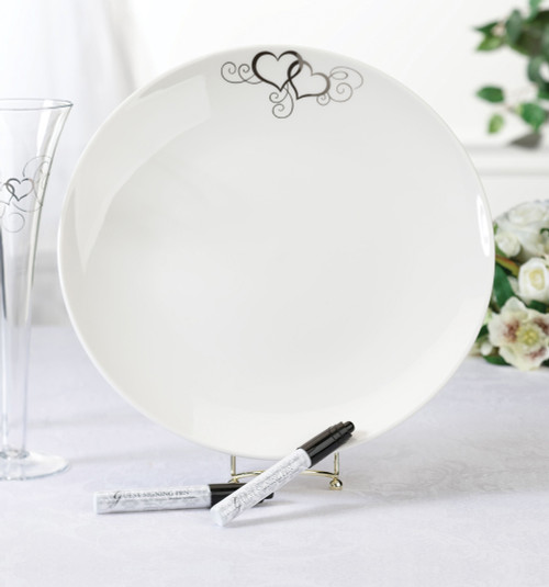 Round Silver Heart Guest Signing Plate With 2 Pens