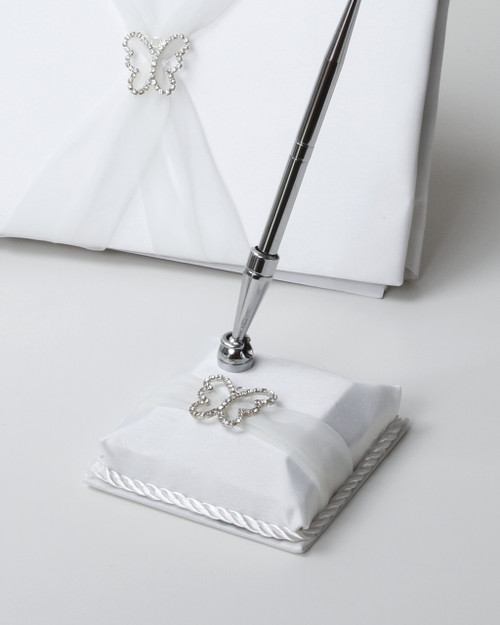 Butterfly Satin Pen Set With Organza Sash - White