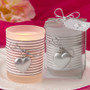Glass Silver heart design votive candle holder with a white and silver striped design