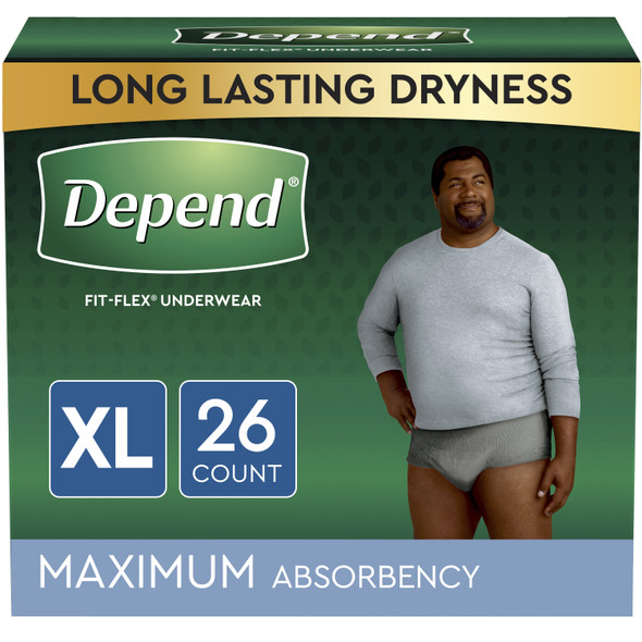 Depend Fit-Flex Adult Incontinence Underwear for Men, Disposable, Maximum Absorbency, Extra-Large, Grey, 26 Count