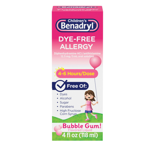 Benadryl Children's Dye-Free Allergy Relief Liquid, Bubble Gum Flavor, 4 fl oz