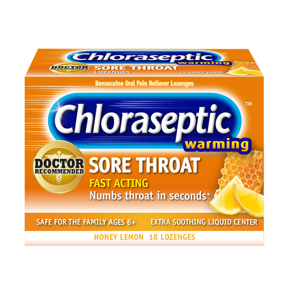 Chloraseptic Warming Fast Acting Sore Throat Lozenges, Honey Lemon Flavor, Extra Soothing Liquid Center, 18 count