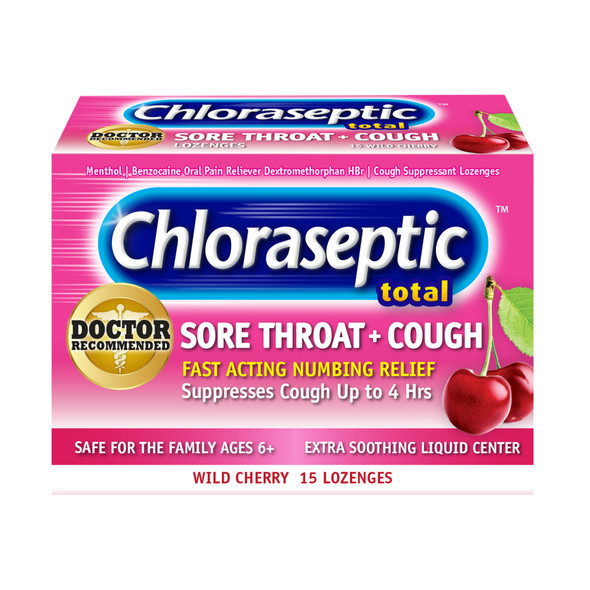 Chloraseptic Total Sore Throat + Cough Menthol Lozenges, Wild Cherry flavor, 15 count 