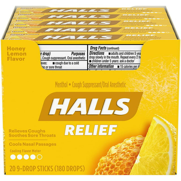 Halls Stick Cough Drops, Honey Lemon Flavor, 9 count each, Case of 20