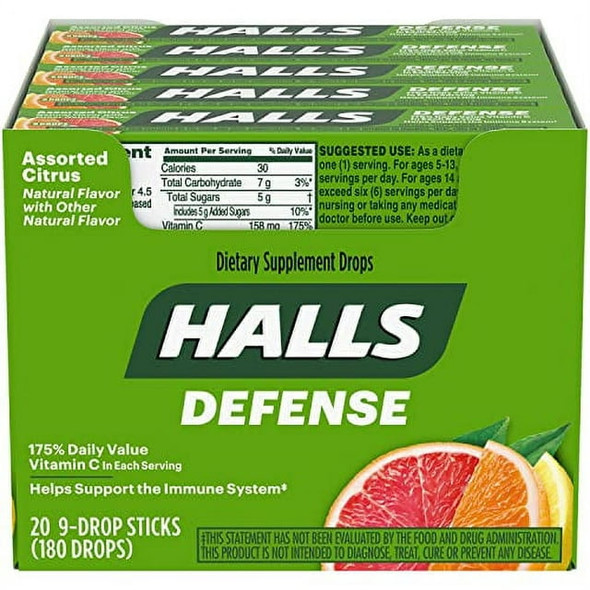 Halls Defense Vitamin C Cough Drops, Assorted Citrus Flavor, 9 count each, Case of 20
