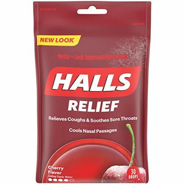 Halls Relief Cough Drops, Cherry Flavor, 30 count
