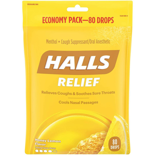 Halls Relief Cough Drops, Honey Lemon Flavor, Economy Bag, 80 count
