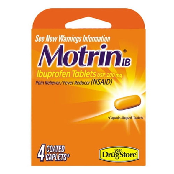 Motrin IB Tablets, Pain Reliever & Fever Reducer, Ibuprofen 200 Mg, Travel Pack, 4 count each, Packs of 6