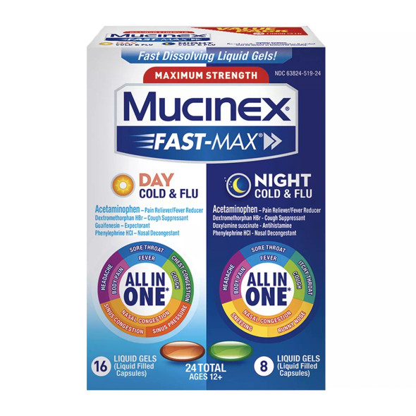 Mucinex Fast-Max, Max Strength Cold & Flu Medicine for Day & Night Liquid Gels, 24 count