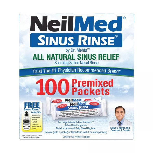 NeilMed Sinus Rinse Regular Refill, All Natural Sinus and Nasal Relief, 100 count premixed Packets