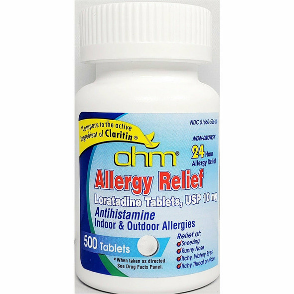 Ohm 24 Hour Allergy Relief Tablets, Compare to Claritin, 500 count