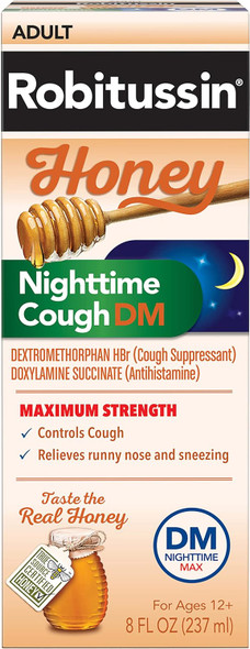 Robitussin Adult Honey Cough + Chest Congestion DM Nighttime Liquid, Honey Flavor, 8 oz