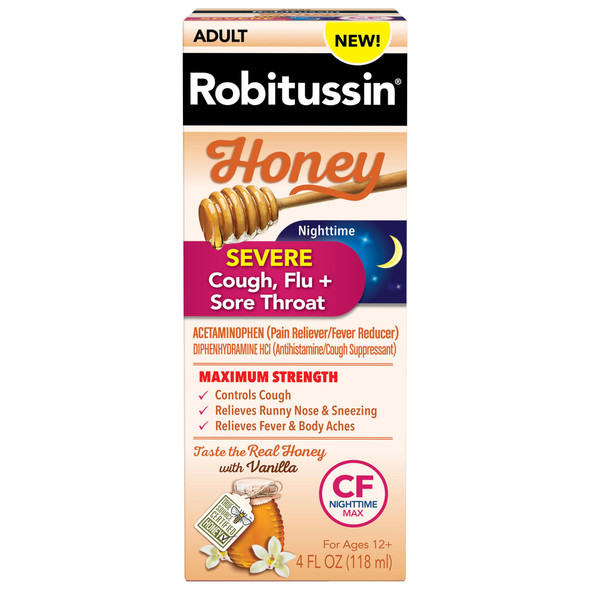 Robitussin Adult Honey CF Nighttime Max Liquid for Cough, Flu & Sore Throat, Honey & vanilla Flavor, 4 fl oz