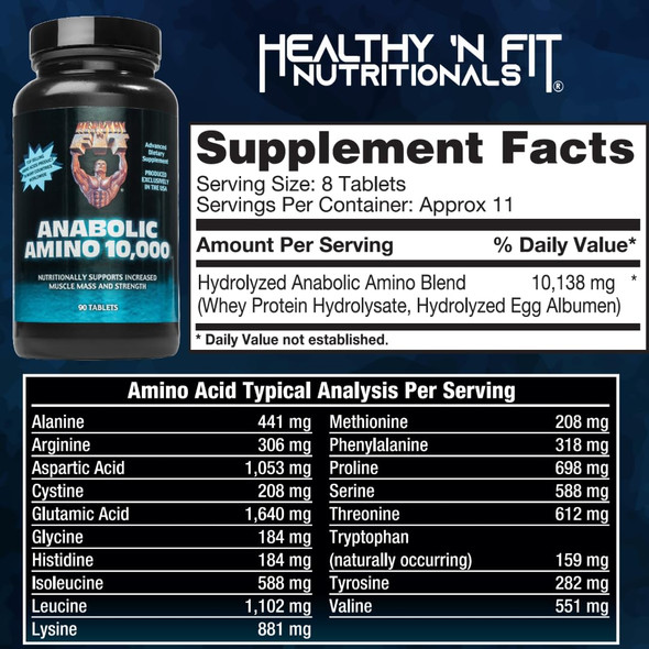 Healthy 'N Fit Amino 10,000 90 Tablets, EAA & BCAA - 10,000 MGS Amino Acids per Serving