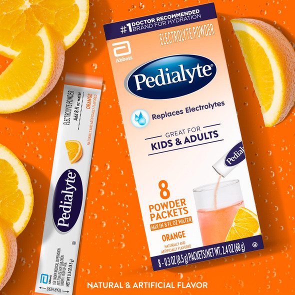 Pedialyte Electrolyte Powder, Hydration Drink for Kids & Adults, Orange, 8 Powder Packets