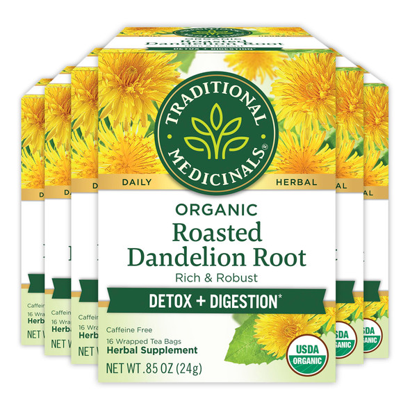 Traditional Medicinals Tea, Organic Roasted Dandelion Root, Supports Kidney Function & Healthy Digestion, 96 Tea Bags (6 Pack)