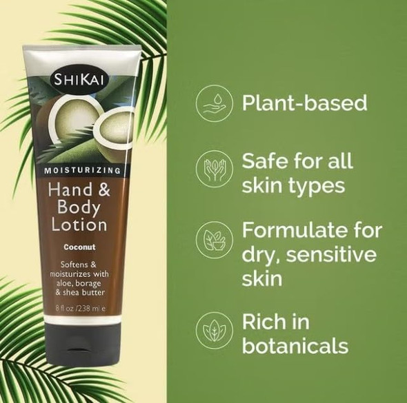 ShiKai Hand & Body Lotion (Coconut, 8oz) | Daily Moisturizing Skincare for Dry and Cracked Hands | With Aloe Vera & Vitamin E