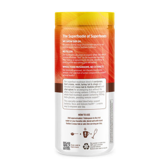 OM MUSHROOM SUPERFOOD Morning Energy Blend  Caffeine-Free Powder with Cordyceps, Lions Mane, Rhodiola & Vitamin D2  Supports Energy, Focus & Endurance  8.47 oz Canister (30 Servings)