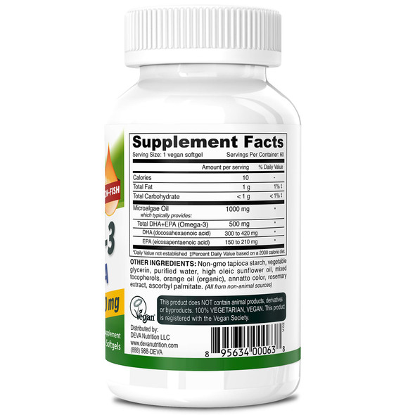 DEVA Vegan Omega-3 DHA-EPA 500MG  No Carrageenan, Non-Fish Oil Derived from Algae, Non-GMO, 60 Gelatin-Free Softgels
