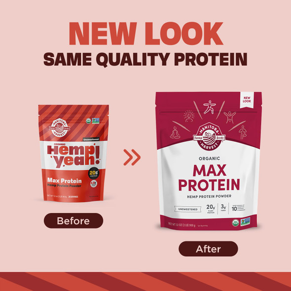 Manitoba Harvest Hemp Yeah Organic Max Protein Powder, Unsweetened, 32oz, with 20g Protein and 4.5g Omegas 3&6 per Serving, Keto-Friendly, Preservative Free, Non-GMO, Packaging May Vary