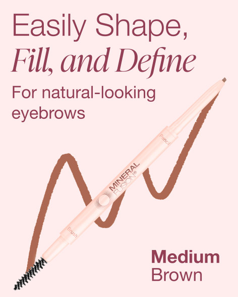 Mineral Fusion Retractable Brow Pencil (Medium Brown) - TZR 2025 Beauty Heroes Award Winner - Shape & Define Eyebrow with Blending Spoolie Brush - Velvety Smooth, Long-Lasting Color - Vegan Formula