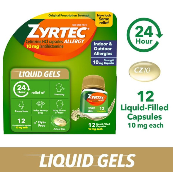 Zyrtec 24 Hour Allergy Relief Liquid Gels, Antihistamine Capsules with Cetirizine HCl Allergy Medicine for All-Day Relief from Runny Nose, Sneezing, Itchy Eyes & More, 12 Count