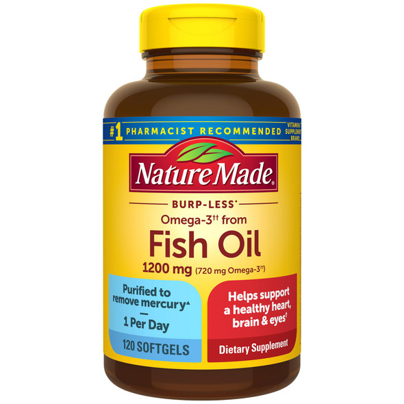Nature Made Burp Less Omega 3 Fish Oil Supplements, 1200mg, EPA DHA Omega 3 Supplement as Ethyl Esters, Fish Oil Softgels for Healthy Heart, Brain and Eyes Support, One Per Day, 120 Softgels