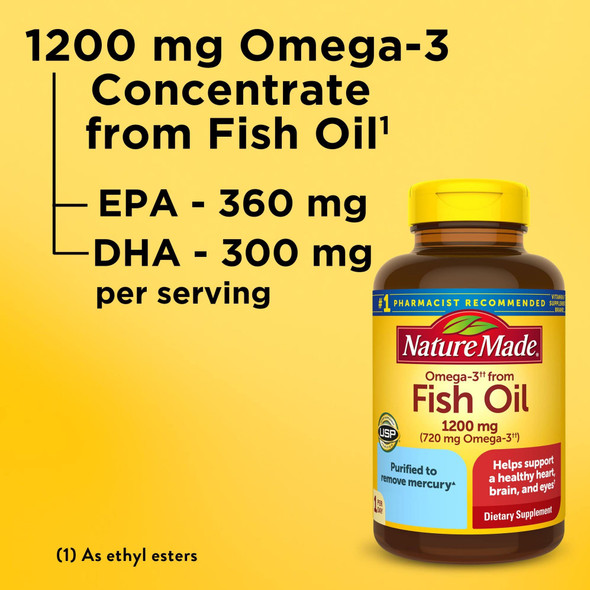 Nature Made Fish Oil Omega 3 Supplements, Omega 3 Fish Oil as Ethyl Esters 1200 mg Softgels, EPA DHA Supplement for Healthy Heart, Brain, Eye Support, One Per Day, 100 Softgels
