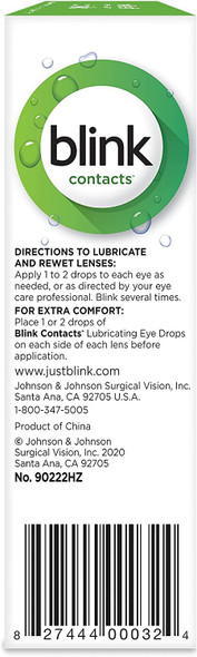 Blink Contacts Lubricating Eye Drops with Hyaluronate, Moisturizing & Soothing for Soft & RGP Contact Lenses, Refreshes Lenses, Hydrating & Comforting Daily Eye Care, 0.34 Fl Oz
