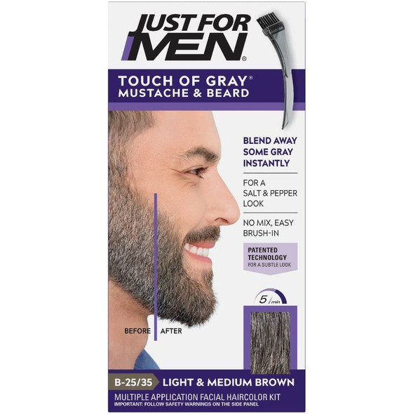 Just For Men Touch of Gray Mustache & Beard, Beard Coloring for Gray Hair with Brush Included for Easy Application, Great for a Salt and Pepper Look - Light & Medium Brown, B-25/35, Pack of 1