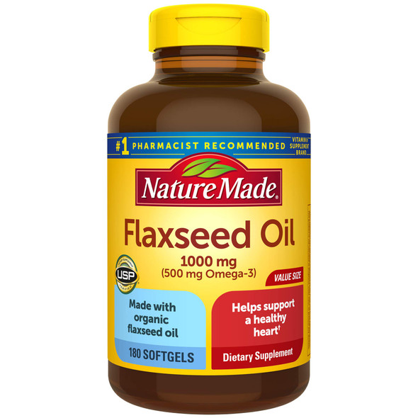 Flaxseed Oil 1000 mg Softgels, 180 Count for Heart Health