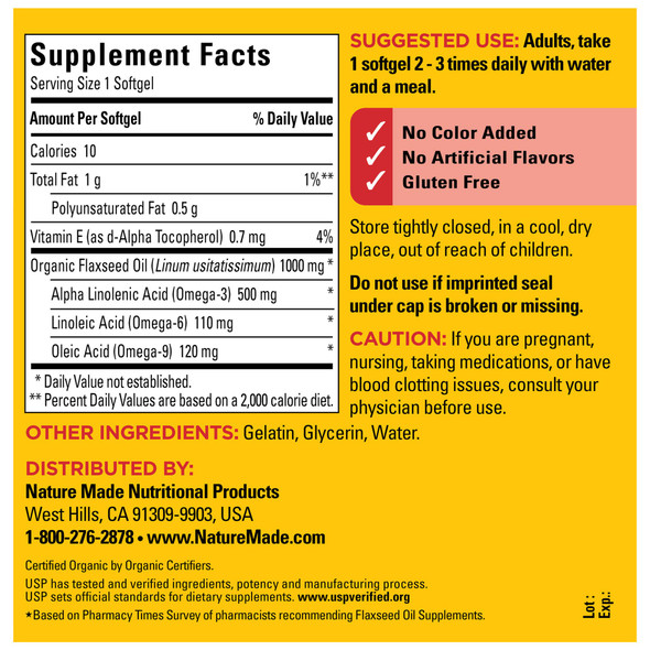 Flaxseed Oil 1000 mg Softgels, 180 Count for Heart Health