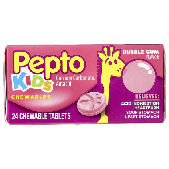 Pepto Kids Bubblegum Antacid Tablets Chewable, Upset Stomach Relief for Kids, Heartburn Relief, Acid Indigestion and Sour Stomach Relief, 24 Chewable Tablets