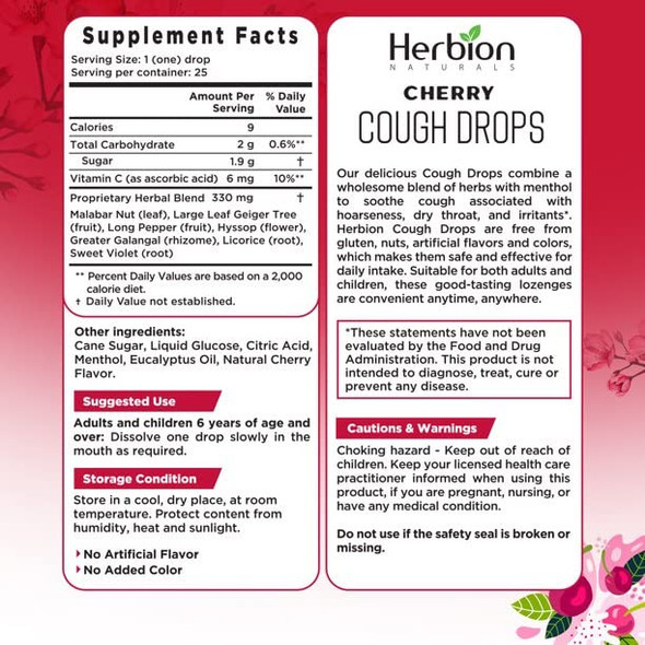 HERBION Naturals Cough Drops with Natural Cherry Flavor, Dietary Supplement, Soothes Cough, for Adults and Children Over 6 Years, 25 Drops, No Artificial Flavor, Pack of 1