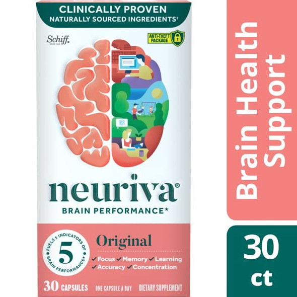 NEURIVA Original Brain Supplement for Memory, Focus & Concentration + Learning & Accuracy with Clinically Tested Nootropics Phosphatidylserine and Neurofactor, Caffeine Free, 30ct Capsules