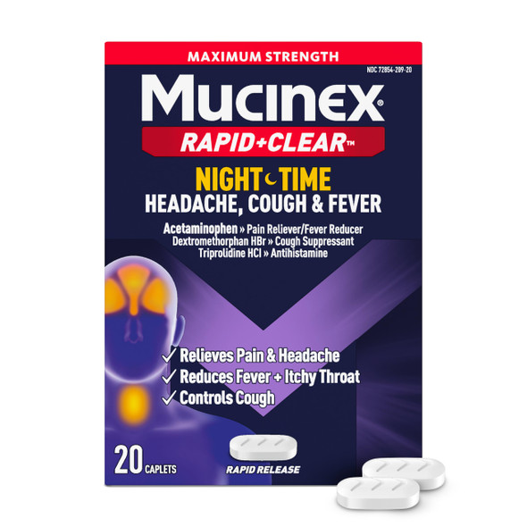 Mucinex Rapid+Clear Nighttime Cold and Flu Medicine for Adults, Maximum Strength Cold Medicine for Cough, Fever, Pain, Headache, & Runny Nose Relief, Rapid Release Caplets for Adults, 20 Count