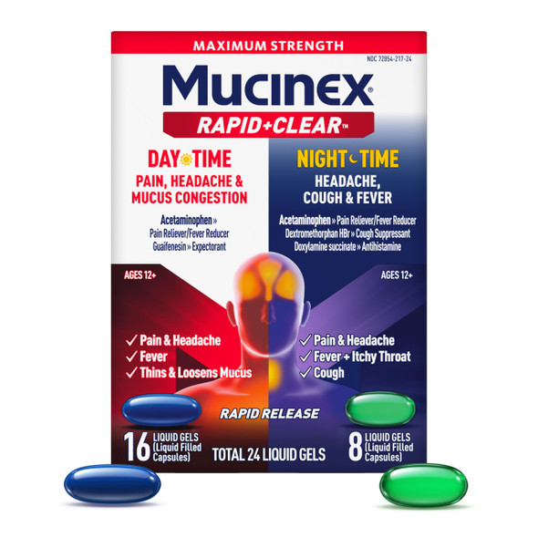 Mucinex Rapid Clear Maximum Strength Day & Night Cold and Flu Medicine for Adults, Over-The-Counter Medication for Headache Relief, Mucus Congestion, & Cough, Rapid Release Liquid Gels, 24 Count