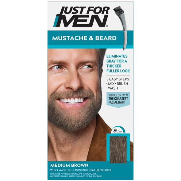 Just For Men Mustache & Beard, Beard Coloring for Gray Hair with Brush, with Keratin Biotin Aloe and Coconut Oil for Healthy Facial Hair - Medium Brown, M-35, Pack of 1 (Packaging May Vary)