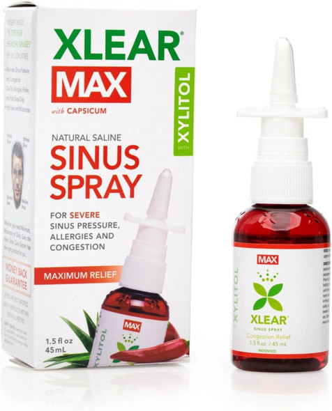 Xlear MAX Natural Xylitol Saline Nasal Spray with Capsicum and Aloe - Fast Acting for Sinus Pressure, Decongestant, Headache, Dry Nose, 1.5 fl oz (Pack of 1)