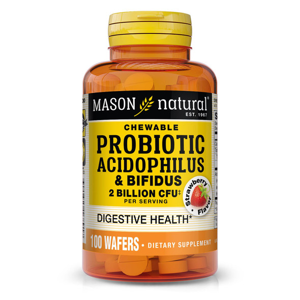 MASON NATURAL Probiotic Acidophilus with Bifidus, 50 Day Supply, Supports Healthy Normal Digestion, Strawberry Flavor, 100 Chewable Wafers