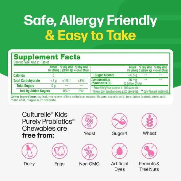 Culturelle Kids Chewable Daily Probiotic for Kids, Ages 3+, 30 Count, #1 Pediatrician-Recommended Brand, Natural Berry Flavored Daily Probiotics for Digestive Health, Oral Care & Immune Support