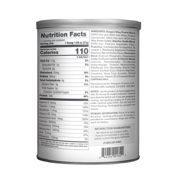 Designer Wellness, Designer Whey, Natural Whey Protein Powder with Probiotics, Fiber, and Key B-Vitamins for Energy, Gluten-Free, French Vanilla, 12oz