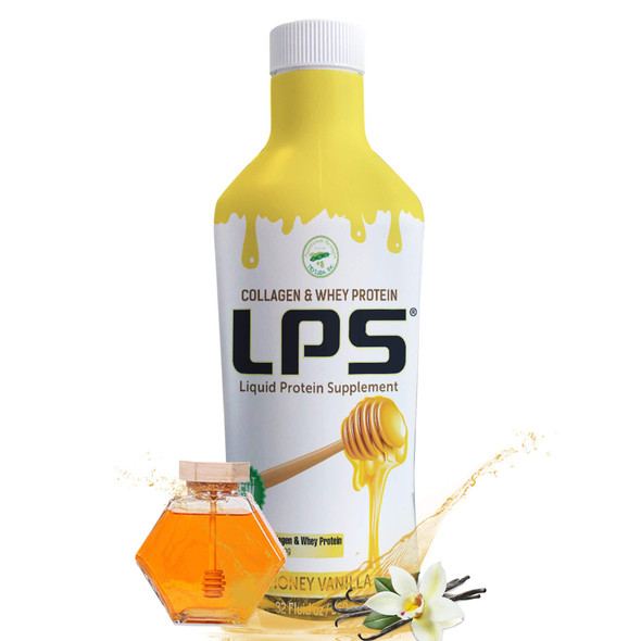 LPS Liquid Collagen & Whey Protein Supplement - Sugar-Free, Dye-Free, Non-GMO Drink - Hydrolyzed Collagen & Whey Peptides Promotes Healthy Skin & Hair for Men & Women, Honey Vanilla, 32 fl oz