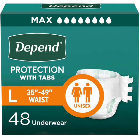 Depend Adult Diapers with Tabs, Incontinence Protection with Tabs, Unisex, Large (3549" Waist, over 170 lbs), Maximum Absorbency, 48 Count (3 Packs of 16)