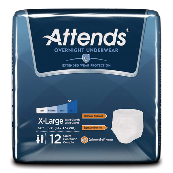Attends Overnight Underwear for Adult Incontinence Care with ConfidenceCuff Protection, Overnight Absorbency, Unisex, X-Large, 48 Count