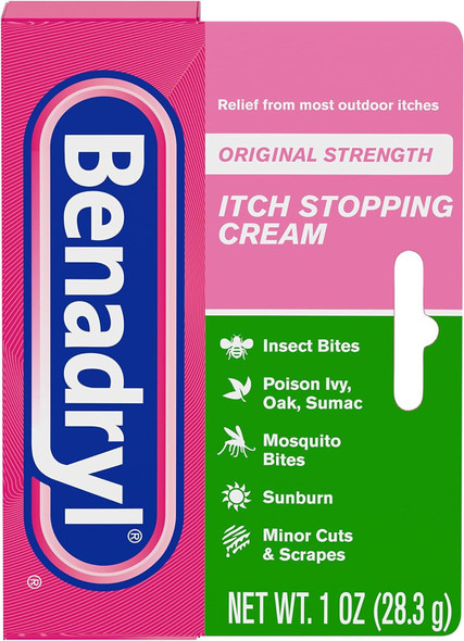 Benadryl Original Strength Anti-Itch Cream, Bug Bite Itch Relief, Diphenhydramine HCl Topical Analgesic & Zinc Acetate Skin Protectant, Great for Camping Essentials, 1 oz, 2 Pack