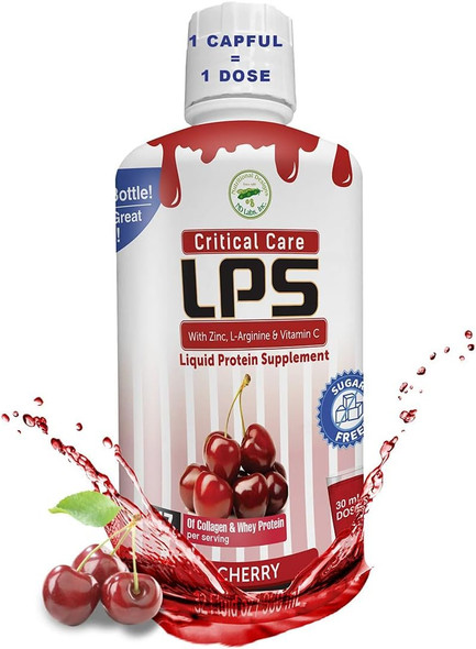 LPS Liquid Collagen & Whey Protein Supplement - Non-GMO Drink, Sugar-Free - Promotes Healthy Skin & Hair for Men & Women, Cherry (Critical Care)